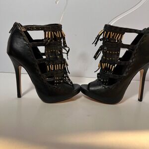 Aldo Black Peep Toe Heels Gladiator Stilettos Gold Fringe Studded Strappy Shoes